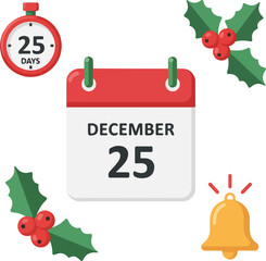A flat vector illustration of a Christmas icon set featuring a calendar marking December 25, surrounded by festive holly leaves, red berries, a golden bell, and a countdown timer on a clean