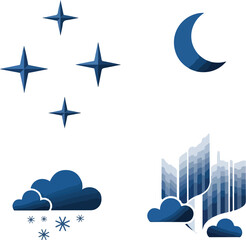 A flat vector illustration of a Christmas icon set featuring winter elements on a white background with a dark blue color scheme.