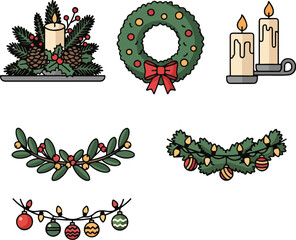 A flat vector illustration of a Christmas icon set featuring a festive wreath, garlands, ornaments, and candles in a colorful and vibrant style against a clean white background.