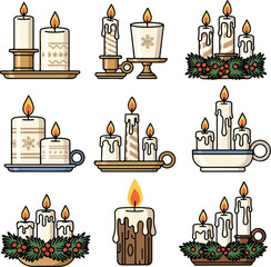 A flat vector illustration of a Christmas icon set featuring various candle designs on plates and in cups with festive holly against a clean white background.