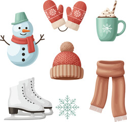 A flat vector illustration of a Christmas icon set featuring a snowman, mittens, mug, hat, scarf, ice skates, and snowflake on a white background.