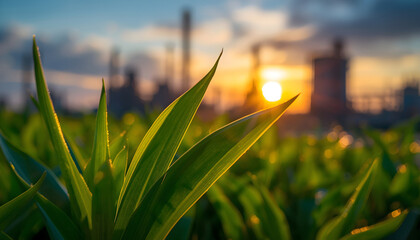 Green leaves industrial chimney sunset contrast         