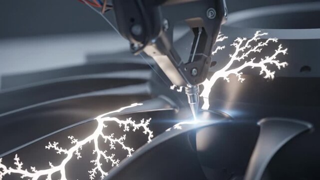 Cinematic Macro Shot: Robotic Arm Engraving a Glowing Fractal Pattern on a Metal Turbine