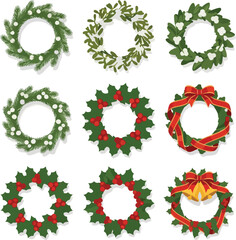 A set of nine flat vector illustrations of Christmas wreaths in various designs and colors on a white background.