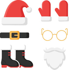 A flat vector illustration of a Christmas icon set featuring Santa Claus accessories on a white background.