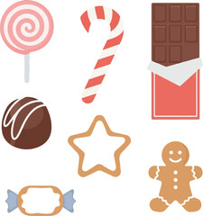 Flat vector illustration of a colorful Christmas icon set featuring sweets and treats on a white background.