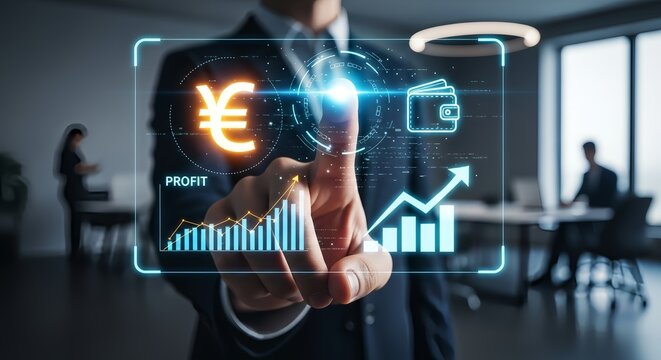 Man interacting with a digital interface displaying euro symbol profit graph and wallet icon
