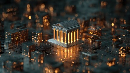 Digital cityscape with a temple structure illuminated by orange lights at night