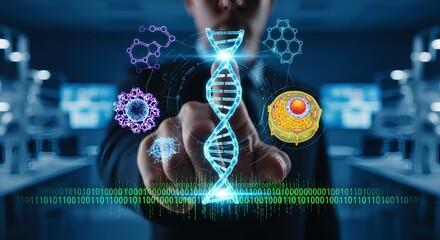 Man interacting with dna hologram and other scientific visualizations in a lab setting