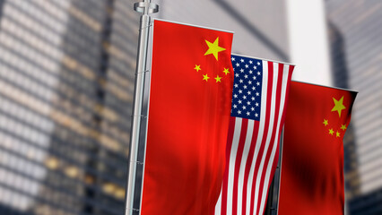 Chinese and American flags waving together against blue sky. 3D render