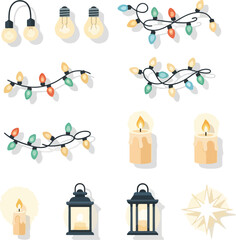 A flat vector illustration of a Christmas icon set featuring colorful string lights, lanterns, and candles on a white background.