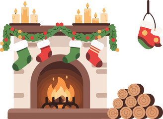 Flat vector illustration of a festive Christmas scene featuring a decorated fireplace with stockings, candles, and a hanging stocking, accompanied by a pile of logs in a simple, iconic