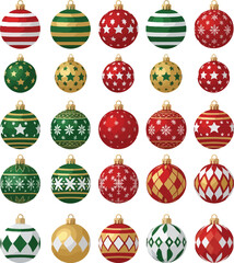 A flat vector illustration of a colorful Christmas icon set featuring various patterned ornaments on a white background.