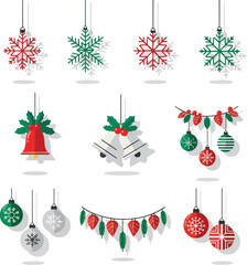 A flat vector illustration of a Christmas icon set featuring hanging snowflakes, ornaments, bells, and garlands in red, green, and white against a clean white background.