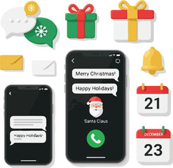 A flat vector illustration of a Christmas icon set featuring mobile phones, speech bubbles, and holiday symbols on a clean white background with a festive mood.