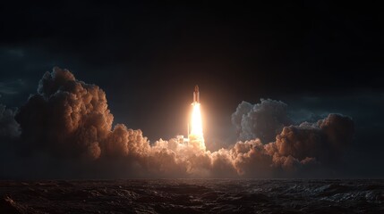Obraz premium Rocket launch at dawn against a dramatic cloudy sky near the ocean