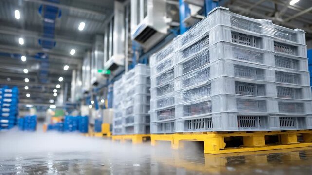 80Large refrigeration room with stacked pallets of plastic crates containing meat, icy vapor rolling across polished floor, cold air system humming in background