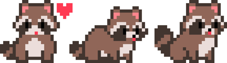 pixel illustration of cute raccoon emoji set