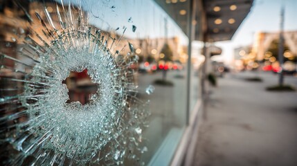 Close-up of shattered glass in a shop window, revealing an urban scene in the background. The light plays across the broken shards, creating a striking visual contrast.