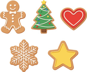 Flat vector illustration of a Christmas icon set including a gingerbread man, Christmas tree, heart, snowflake, and star on a white background.