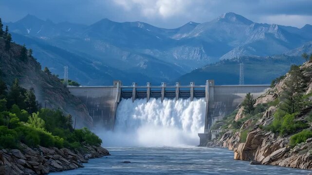 81Massive hydroelectric dam with roaring water discharge cascading through spillway gates, mist rising into the air, framed by rugged mountains and lush greenery