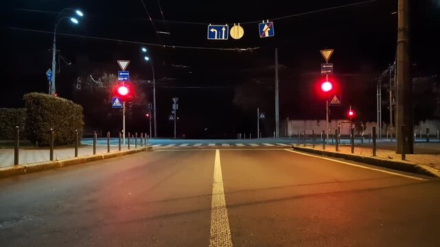 Kyiv deserted intersection at night with single car during wartime curfew