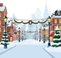 Flat vector illustration of a snowy city street adorned with Christmas decorations and lights at night.