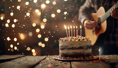 Man plays guitar near birthday cake with candles, surrounded by festive lights and confetti, creating joyful atmosphere