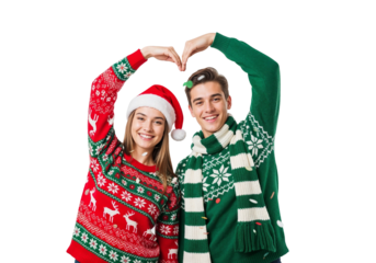 Couple in Christmas Sweaters Making Heart Gesture