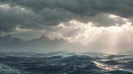 Dramatic seascape with turbulent waves and sun rays breaking through dark clouds over distant mountains