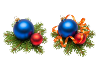 Christmas Ornament Arrangements with Blue and Red Baubles on Pine Branches with Orange Ribbon on White Background