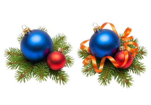 Christmas Ornament Arrangements with Blue and Red Baubles on Pine Branches with Orange Ribbon on White Background