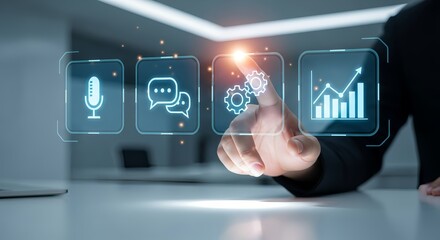 A hand touching digital icons representing microphone chat automation and data growth chart