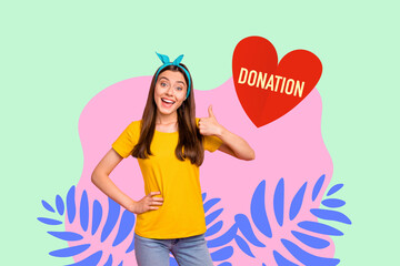 Collage of young woman man toward donation jar with hearts symbolizing charity blood donor day volunteer support