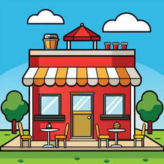 Cartoon Cafe Building with Outdoor Seating and Trees Keywords: cafe, building, shop, storefront, red