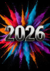 Happy new year 2026 with colorful powder explosion on a black background