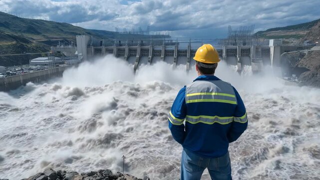94Worker standing on top of a hydroelectric dam overlooking massive spillways, showcasing industrial scale, human presence dwarfed by roaring water power