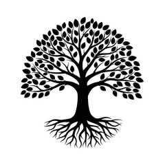 Black tree silhouette with detailed leaves and roots representing life  