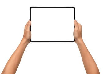Close-up of hands holding a modern tablet with blank screen isolated on transparent PNG.	
