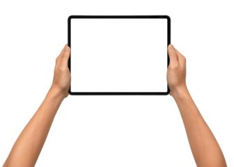 Close-up of hands holding a modern tablet with blank screen isolated on transparent PNG.