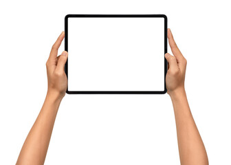 Close-up of hands holding a modern tablet with blank screen isolated on transparent PNG.	
