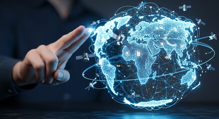 Hand interacting with glowing digital globe surrounded by satellites and connections