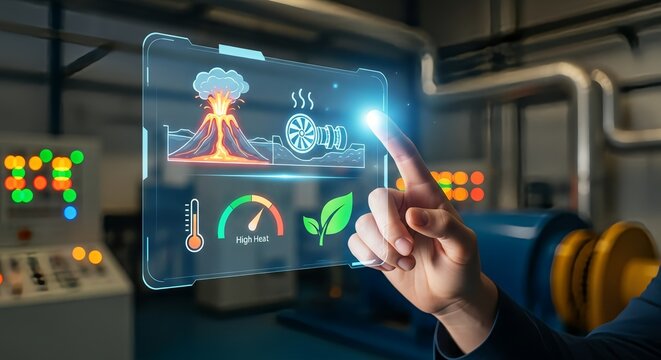 Person interacting with a futuristic interface showing energy production and monitoring