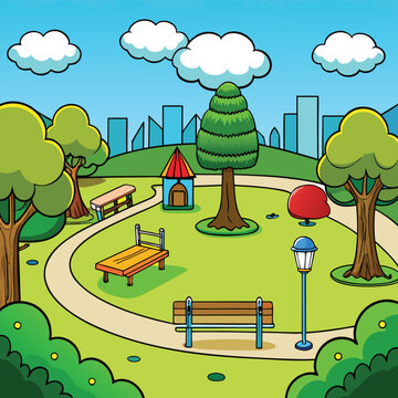 Cartoon park with trees benches playground and city skyline background illustration