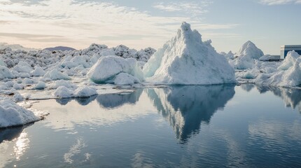 Majestic icebergs floating in calm arctic waters at sunset