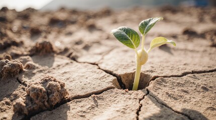 Fototapeta premium Hopeful green sprout pushing through cracked dry earth