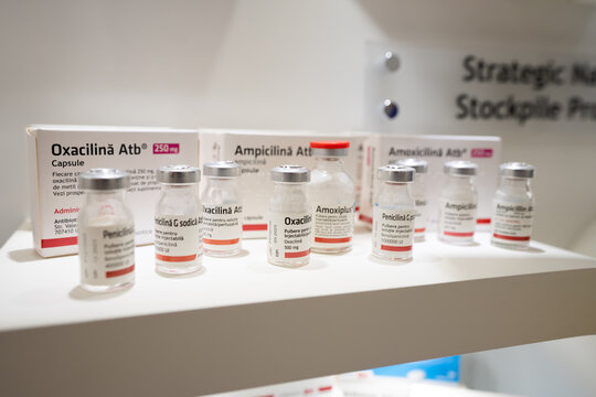 Bucharest Romania 24 October 2025.Medical ampoules with antibiotics penicillin, oxacillin, and ampicillin on a white background. Pharmaceutical vials used for infection treatment in hospitals.