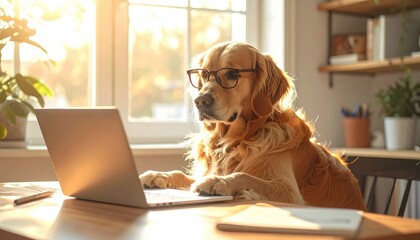 Golden Retriever Sitting at Modern Desk Using Laptop with Glasses