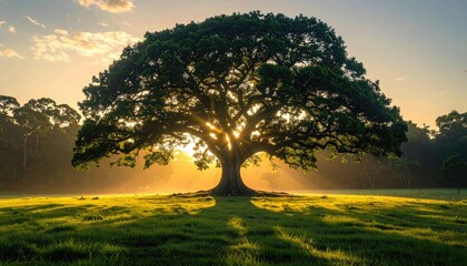 Fototapeta premium Majestic Tree Casting Shade Beneath Glowing Sunlight