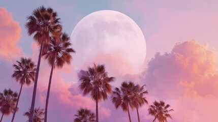 Sunset glow over palm trees with a large moon and colorful clouds in the evening sky